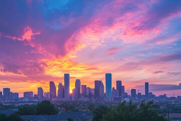 Fototapeta premium Vibrant sunset sky with blurred city skyline below.