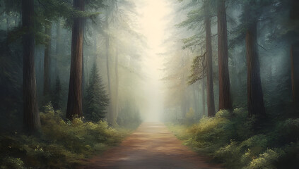 Naklejka premium Mysterious Path Through a Misty Redwood Forest