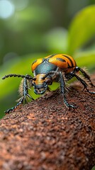 Striking Close Up of a Colorful Beetle on Tree Bark Tropical Forest Macro Photography Vibrant Environment Eye-Level Perspective