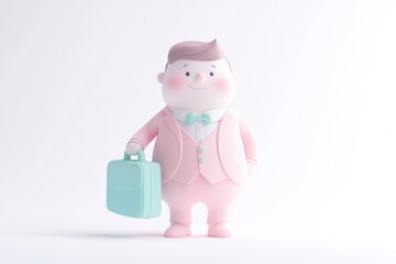 A cheerful 3D-rendered cartoon businessman in a pink suit holds a light teal briefcase.