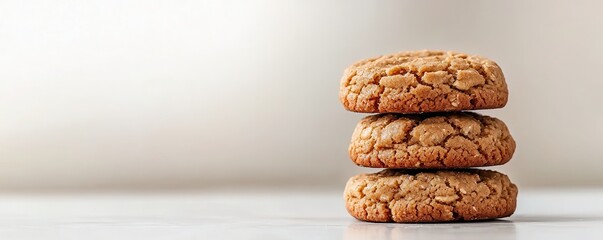 Healthy vegan dessert plant-based superfood. Three delicious, golden-brown cookies stacked on a clean, light background, inviting and perfect for a sweet treat.