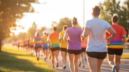 group of people running outdoors during pride event, wearing colorful outfits and enjoying sunny day. Pride month activity concept
