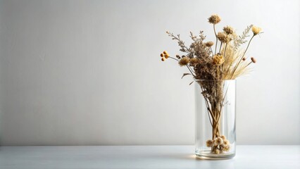 A minimalistic bouquet of dried flowers in a clear glass vase, on a white surface against a white wall, symbolizing simple beauty and enduring grace.