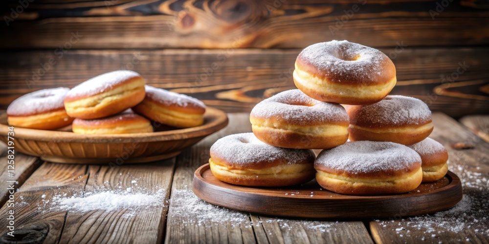 Poster a stack of freshly baked doughnuts sprinkled with powdered sugar on a rustic wooden table
