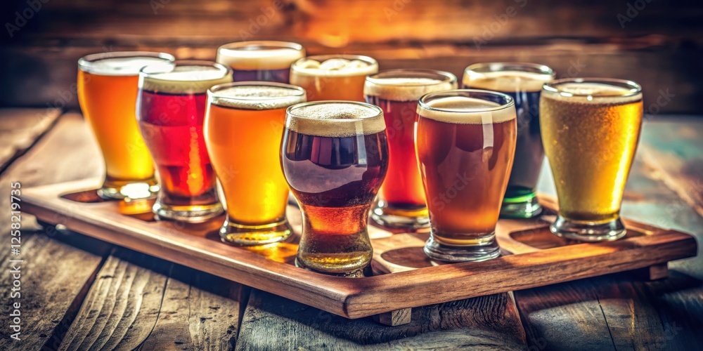 Poster A wooden serving tray with a selection of craft beers on a rustic wooden table