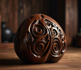 A 3D blob carved out of rich, dark wood, with intricate grain patterns and smooth, polished curves. It rests on a rustic table, surrounded by earthy tones and a soft, warm light 