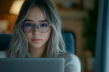 Young woman with glasses working on her laptop at home
