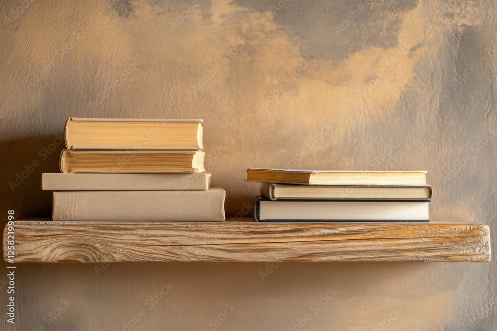 Aufkleber Rustic wooden shelf displaying a stack of books with space for personal notes or messages. Generative AI