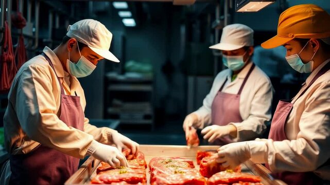 Production line in a meat processing plant. Workers in a factory producing food products from meat.