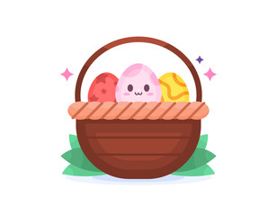 illustration of a basket containing easter eggs with cute, adorable, and adorable faces. celebration and happy easter. bunny facial expression. decoration, ornament, flat style character design