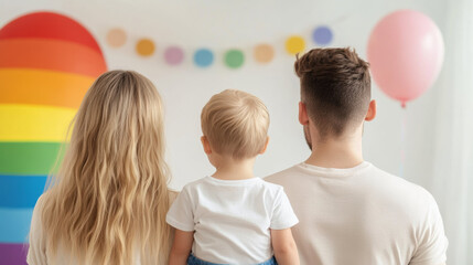family of three, seen from behind, looks colorful rainbow decoration and balloons, celebrating inclusivity and love. Pride month activity concept
