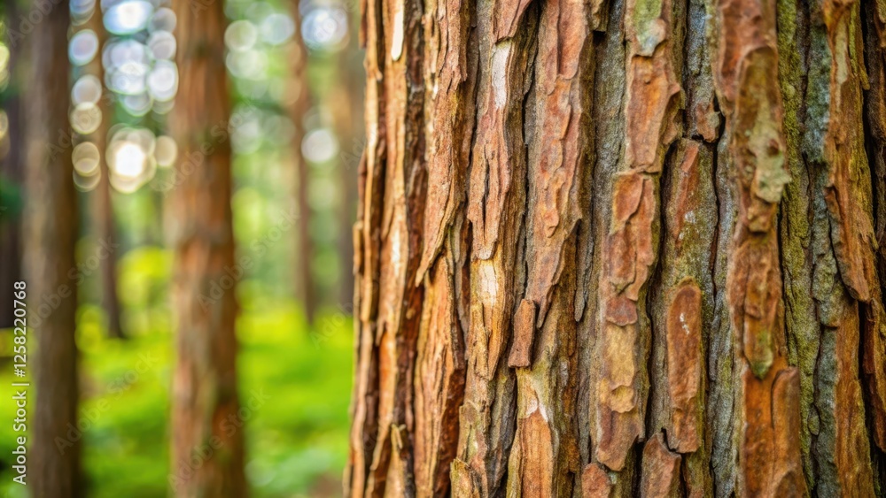 Poster Close-up view of the rough, textured bark of a tree in a forest, with the sun shining through the leaves and branches creating a bokeh effect.
