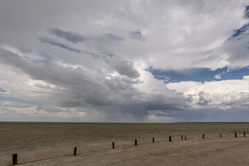 Obraz premium rain from storm clouds on Etosha pan, from Lookout point, Namibia