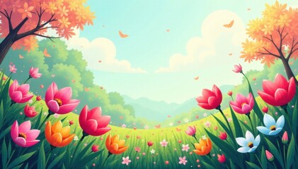 Fototapeta premium Colorful illustration of blooming flowers in spring garden, spring, vibrant, blossoms