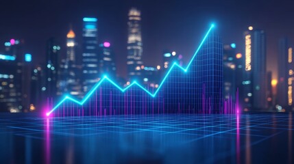 Neon Blue Upward Trending Line Graph With City Skyline, Representing Growth and Success.