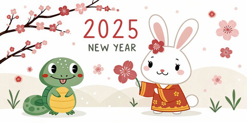 Obraz premium Cute 2025 Year of the Rabbit and Snake Greeting Card