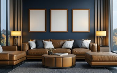 Modern leather sofa living room interior design mockup