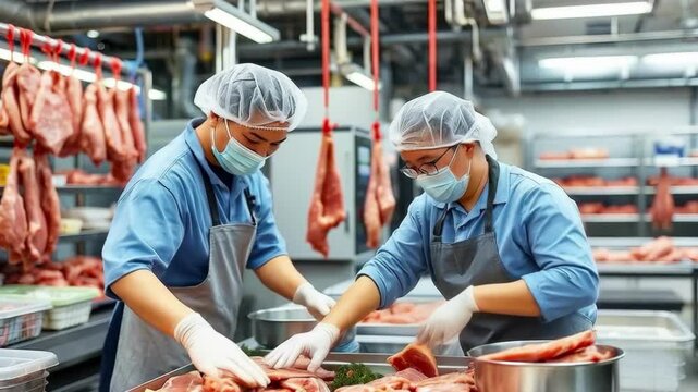 Production line in a meat processing plant. Workers in a factory producing food products from meat.