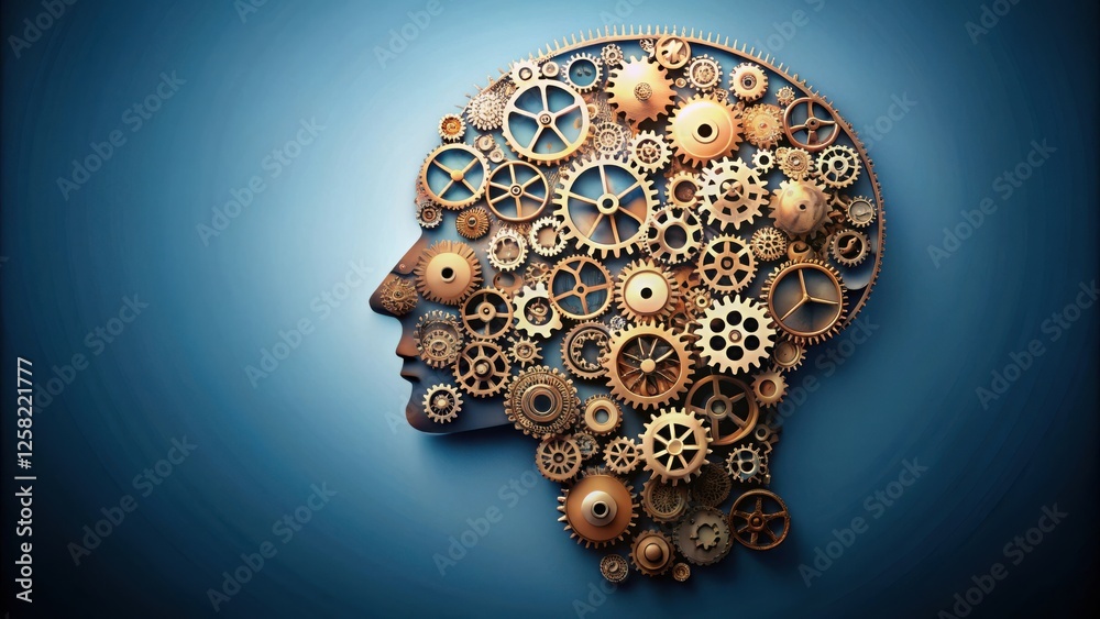 Poster a human profile silhouette filled with intricately designed gears symbolizing the complex workings o
