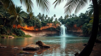 Serene Waterfall in Lush Tropical Paradise