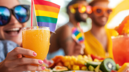 vibrant celebration with friends enjoying colorful drinks and fruit platters, featuring pride flag. Pride month activity concept
