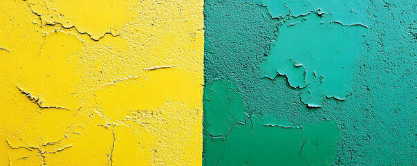 Abstract image of a wall with peeling paint showing vibrant yellow and teal colors