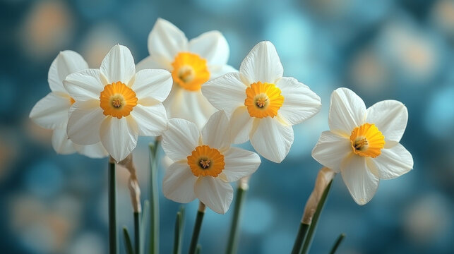 Beautiful white daffodils on a blue background. Narcissus flowers. Spring flowers background