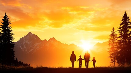 Fototapeta premium Silhouette Family Sunset Walk in Mountains Golden Hour Togetherness Scenic Vista Radiant Backdrop