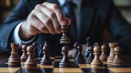 A close-up of a person in a suit strategically moving a chess piece during a game, highlighting the concentration and intellect involved in chess.
