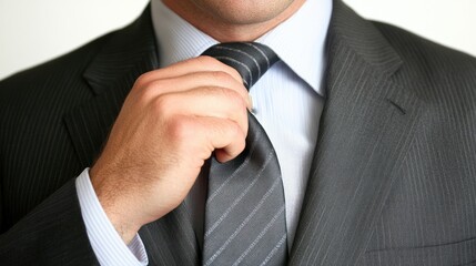 A close-up of a man adjusting his tie while dressed in a formal suit, symbolizing professionalism and readiness for a business meeting.
