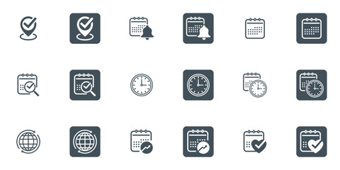 Address location icon. Notification bell icon. Clock icon. Date Calendar icon. Website global icon. Web icons set Vector illustration.