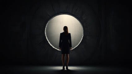 Obraz premium Rear view of a businesswoman against black wall standing in a big keyhole 