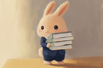 A cute bunny in a suit carries a stack of books, suggesting diligent study or hard work.