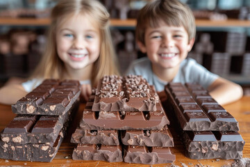 The children, a boy and a girl, made natural chocolate in a master class. The concept of Chocolate Day. Chocolate and Candy Store