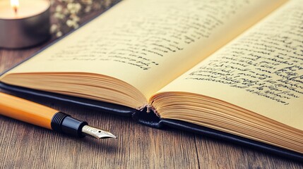 Open Notebook with Handwritten Notes Next to a Candle and Pen