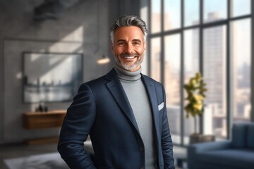 Fototapeta premium A happy, successful mature man in a stylish suit, smiling confidently in a modern office setting.