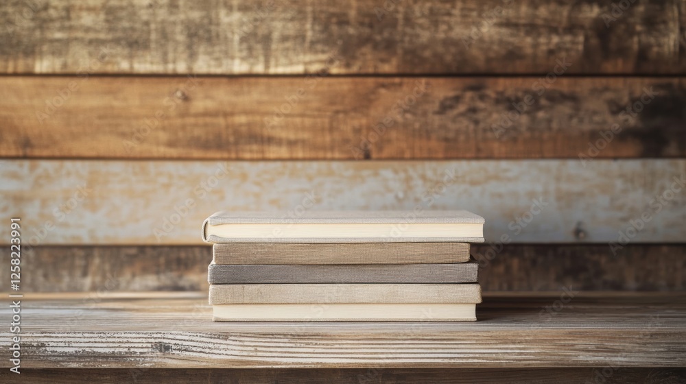 Poster Stack of vintage books on rustic wooden shelf with space for text and warm, inviting atmosphere. Generative AI