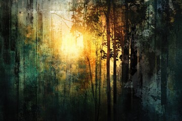 Sunlit forest scene with textured, abstract style; evokes serenity and mystery.
