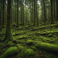 A dense forest covered in vibrant green moss.

