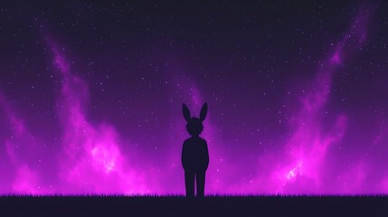 Fototapeta premium Silhouette of Rabbit Eared Person Contemplating Purple Nebula Sky Starry Night Serenity and Wonder
