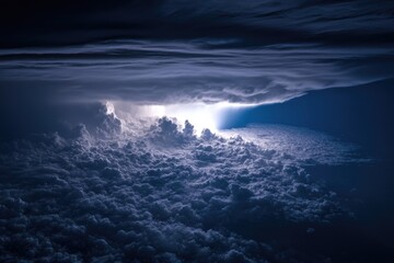 A breathtaking view of a stormy night sky, where a break in the clouds reveals a bright light.