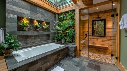 Luxurious bathroom with stone tiles, a soaking tub, a walk-in shower, and a living wall.