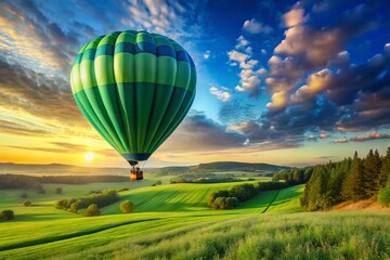 Fototapeta premium Majestic Green & Blue Hot Air Balloon Soaring Over Scenic Landscape