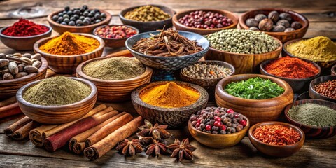 Fototapeta premium Aromatic Spices Arranged in Bowls on a Wooden Tabletop, With Cinnamon Sticks, Star Anise, and Other Flavorful Ingredients