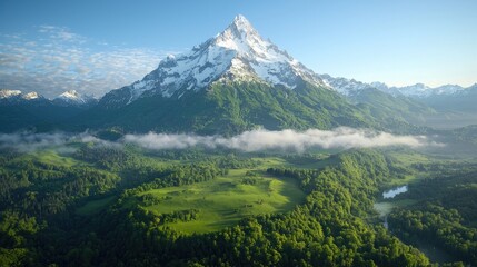 Fototapeta premium Majestic snow-capped mountain sunrise over green valley