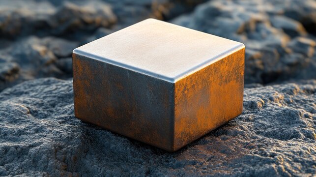 A weathered metallic cube resting on rugged terrain under natural lighting, showcasing texture and color