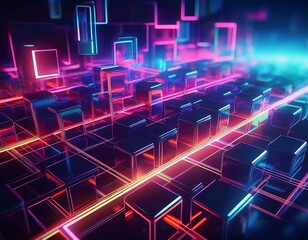 Fototapeta premium 3d rendering of abstract geometric background with neon glowing cubes in dark space, 3D illustration of an abstract background with bokeh lights and mushrooms.