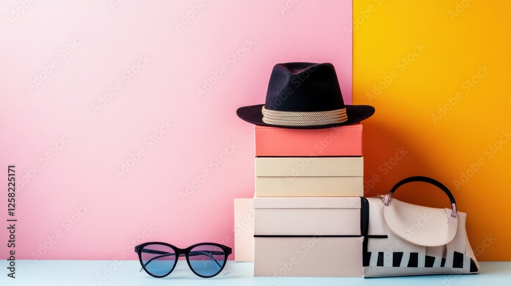 Poster stylish accessories in minimalist boxes with vibrant colors perfect for any fashion forward space. g