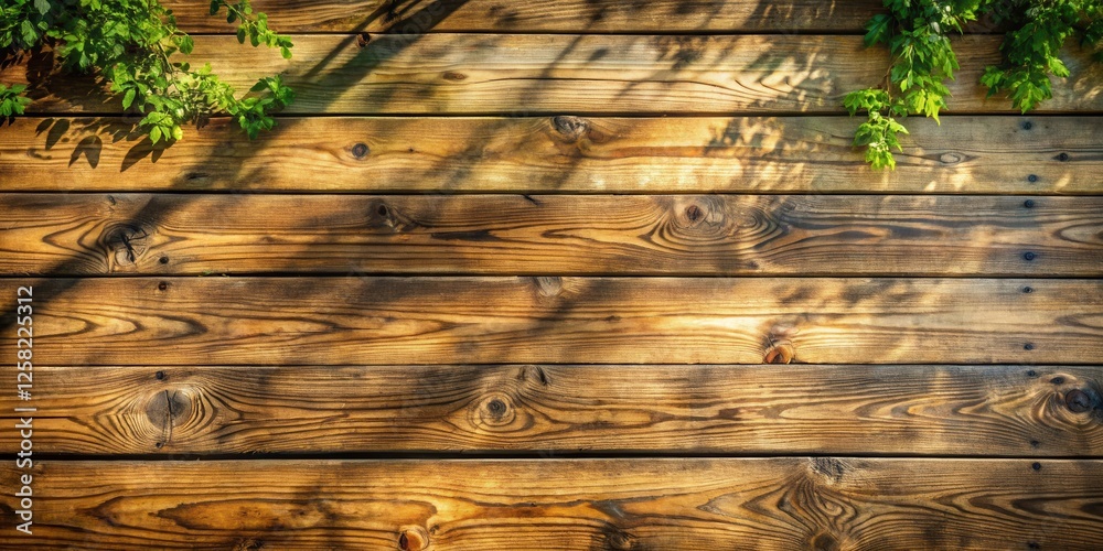 Poster sunlight filters through leafy branches casting dappled shadows on a rustic wooden surface, highligh