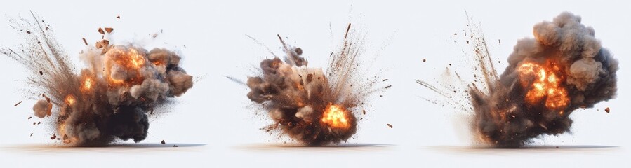 Explosive Power: A dramatic triptych of fiery explosions, capturing the raw power and intensity of a blast in three dynamic poses.  Ideal for action sequences, disaster scenes, or special effects.